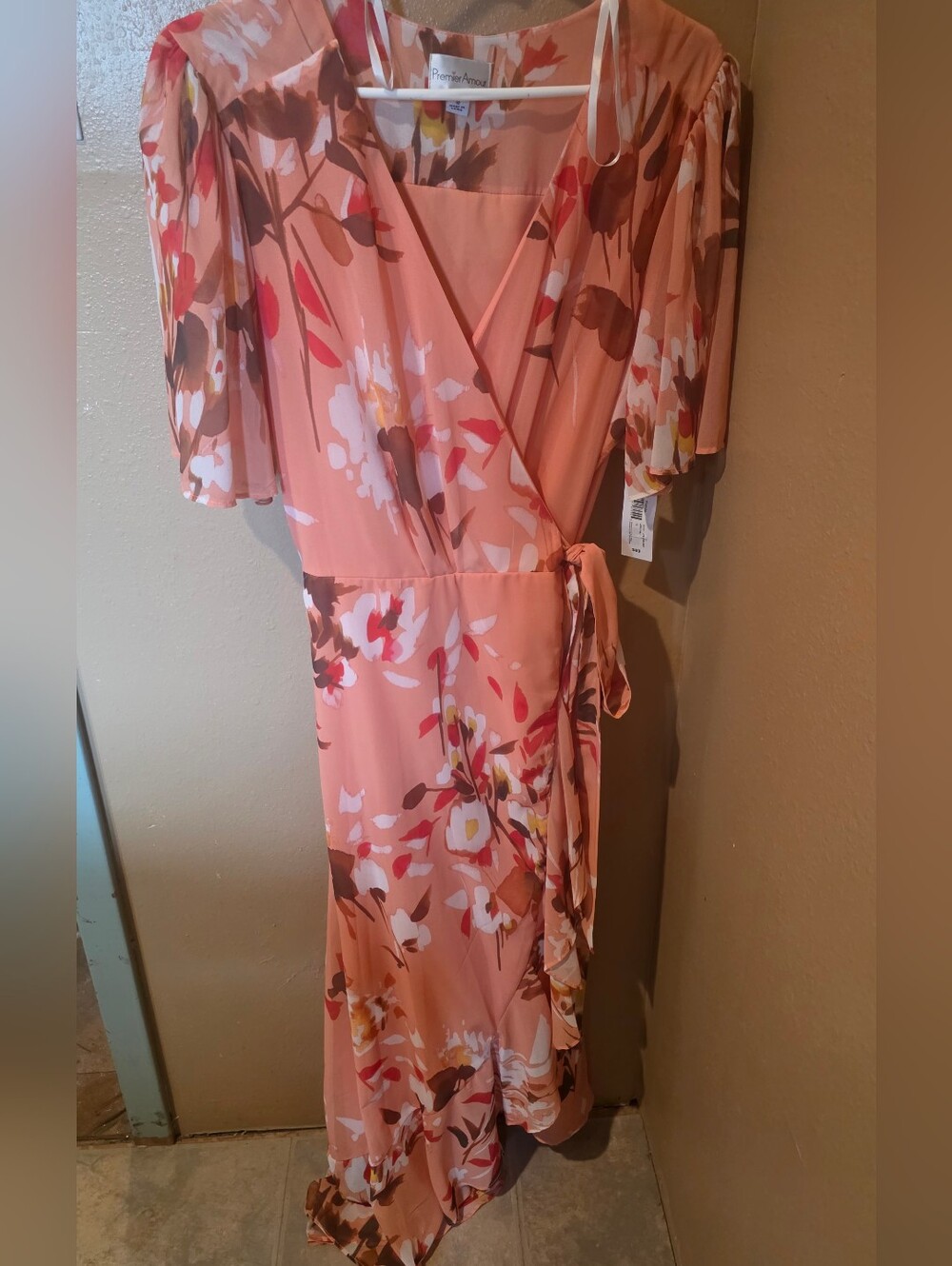 Premier Peach-Pink Floral Wrap Midi Dress
